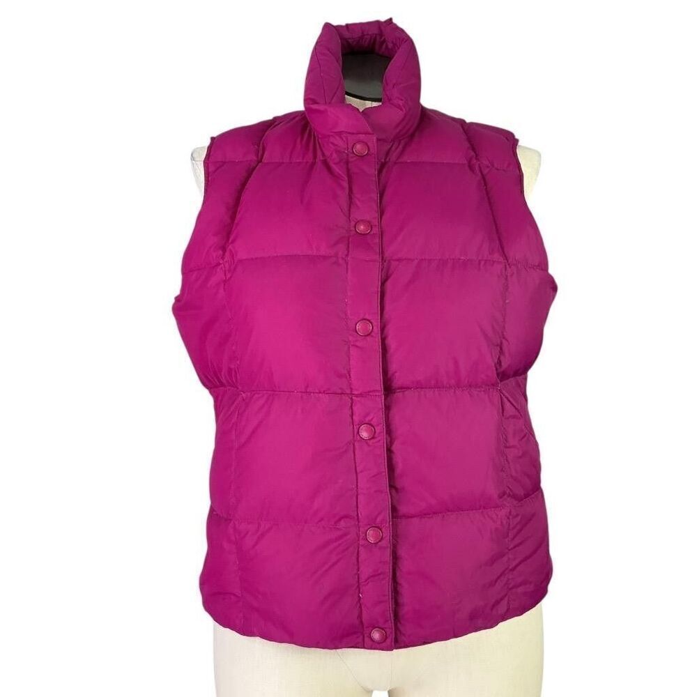 Lands End Quilted Puffer Vest Women L Pink Goose Down Snap Button Pockets